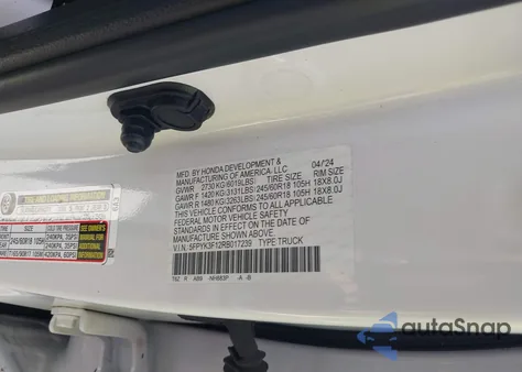 2024 Honda Ridgeline Sport из США, поврежденный, VIN 5FPYK3F12RB017239